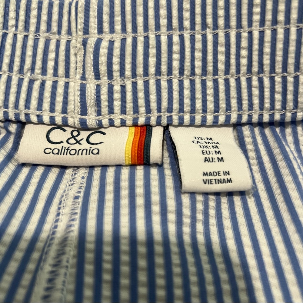C&C California Shorts M Blue White Stripe Seersucker Stretch Pull On Drawstring - Picture 4 of 4